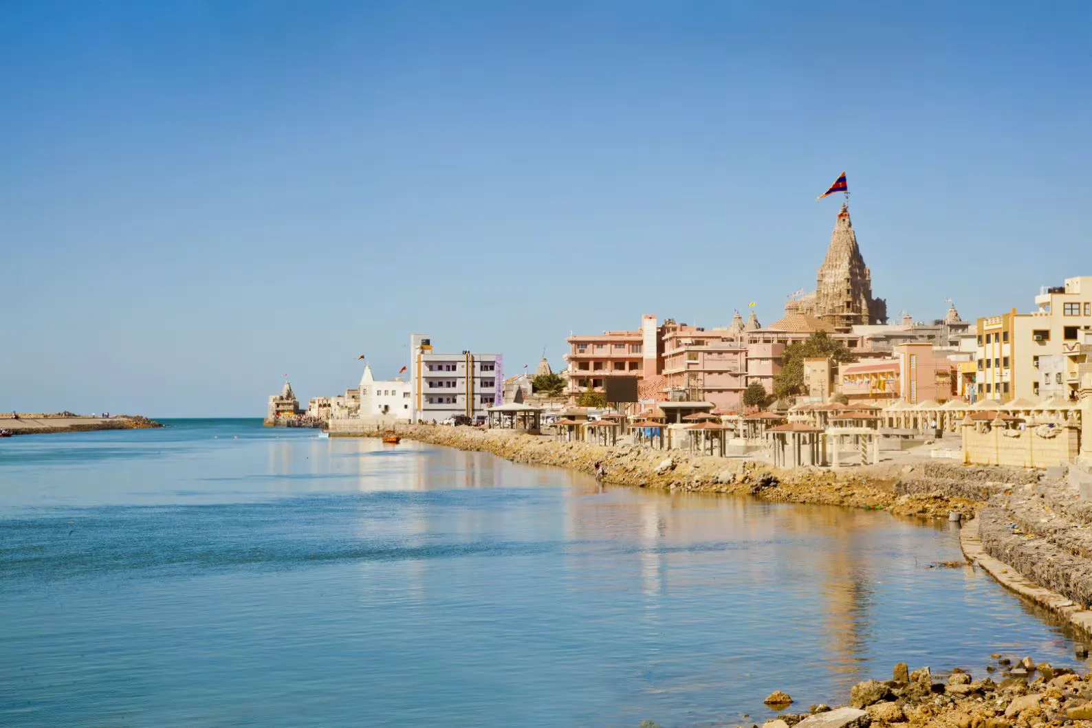 Dwarka city and Dwarkadhish Temple on the Arabian Sea coast